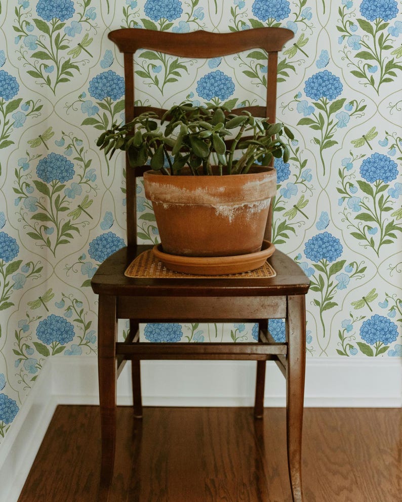 Blue Hydrangea Dragonfly Wallpaper | Cottagecore Floral Trellis | Removable & Pre-Pasted image 14