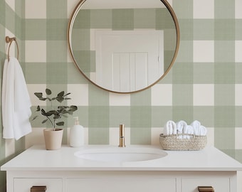 Sage Green Gingham Wallpaper | Cottagecore Nursery Accent Wall | Removable Peel & Stick