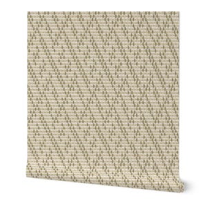 May include: A roll of wallpaper featuring a repeating pattern of small, vertical, olive-green shapes on a cream-colored background. The design creates a textured, woven appearance. The wallpaper is partially unrolled, revealing the pattern.