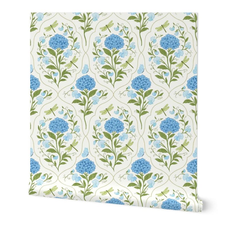May include: Wallpaper roll featuring a repeating pattern of blue hydrangea flowers, green leaves, and dragonflies on a cream background. The design includes a stylized floral motif with a vintage aesthetic.