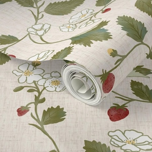 May include: A roll of wallpaper featuring a repeating pattern of strawberries, white flowers, and green leaves on a cream-colored background. The design has a vintage, botanical aesthetic.