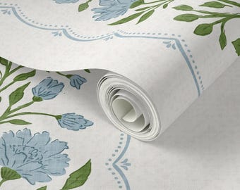 Blue and Green Floral Stripe Wallpaper | Grandmillennial Botanical | Cottagecore Peel and Stick