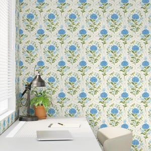May include: Floral wallpaper featuring a repeating pattern of blue hydrangea blooms, green leaves, and delicate dragonflies on a cream background. The design includes a subtle, curved trellis-like structure, creating a classic and elegant aesthetic. This wallpaper is suitable for interior design projects.