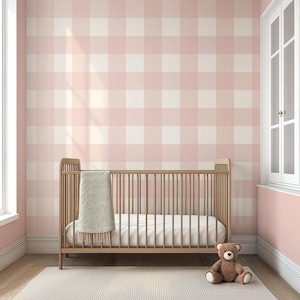 Soft Pink Gingham Wallpaper | Cottagecore Aesthetic | Farmhouse Wallpaper for Baby Girl Nursery | Removable, Peel and Stick, Pre-Pasted