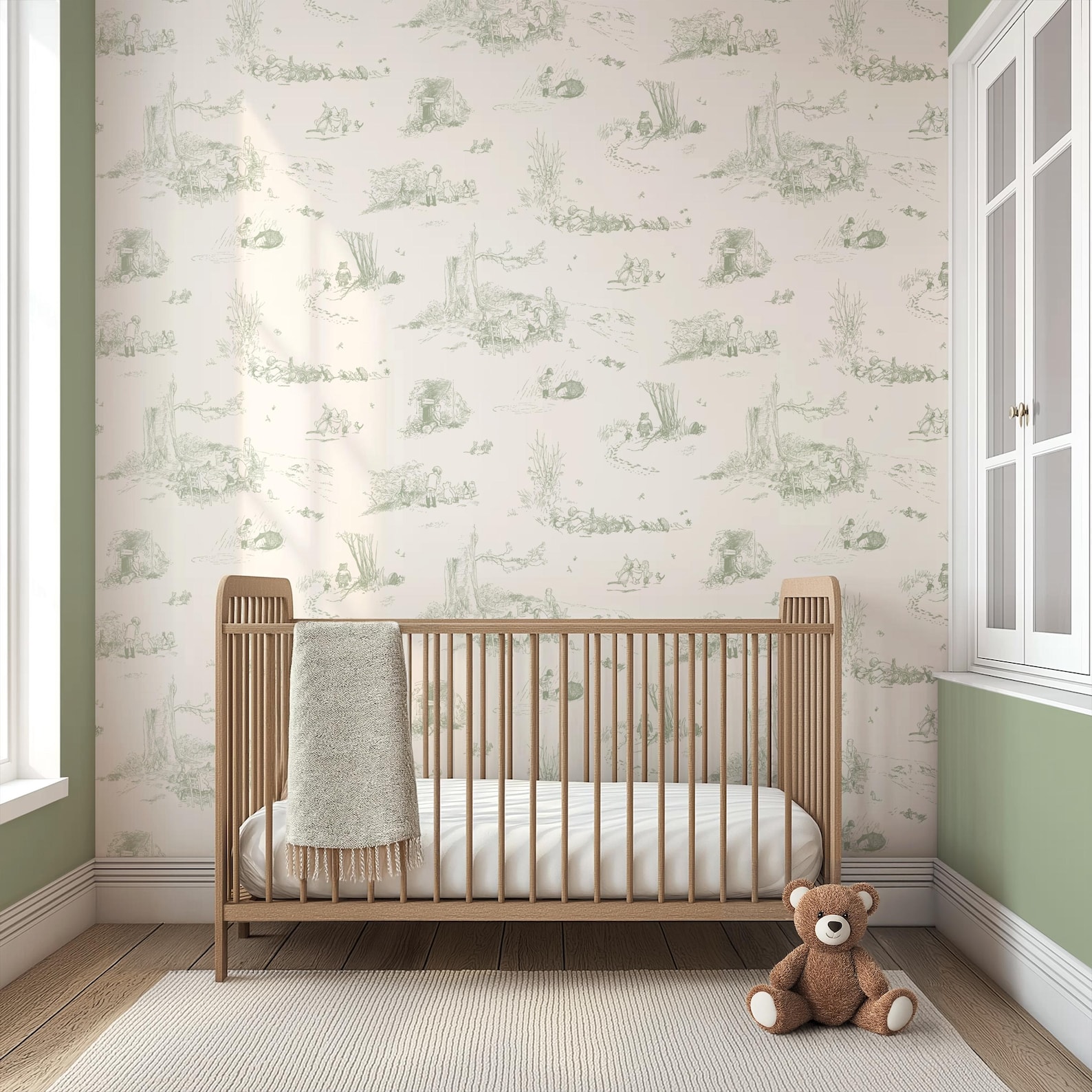 Winnie the Pooh Toile Wallpaper | Sage Green Nursery Decor | Removable ...