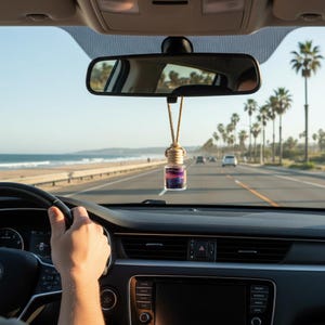 May include: A car interior with a hanging air freshener. The air freshener is a small glass bottle with a wooden cap, suspended from the rearview mirror. The background shows a coastal road with palm trees and the ocean.