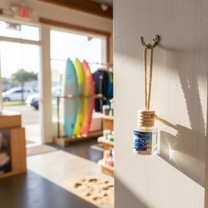 Salty Beach Wood Car Air Freshener – Summer Car Accessory, Refillable Diffuser, Teakwood Scent