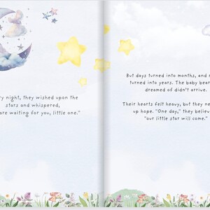 May include: A watercolor illustration of a moon and stars with a blue and white color scheme. The text reads "Every night, they wished upon the stars and whispered, "We are waiting for you, little one."  But days turned into months, and months turned into years. The baby bear they dreamed of didn't arrive. Their hearts felt heavy, but they never gave up hope. "One day," they believed, "our little star will come."