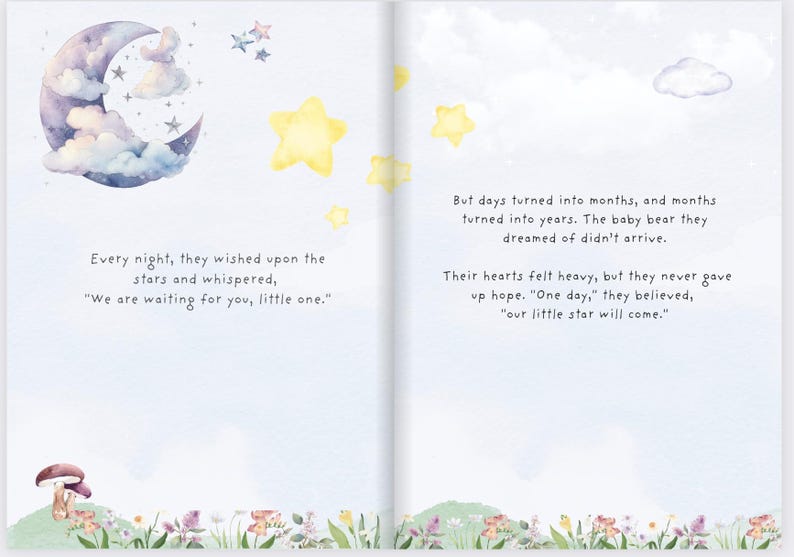 May include: A watercolor illustration of a moon and stars with a blue and white color scheme. The text reads "Every night, they wished upon the stars and whispered, "We are waiting for you, little one."  But days turned into months, and months turned into years. The baby bear they dreamed of didn't arrive. Their hearts felt heavy, but they never gave up hope. "One day," they believed, "our little star will come."