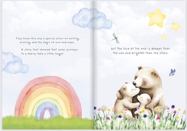 May include: A watercolor illustration of a rainbow with a family of bears hugging each other. The text reads, "They knew this was a special story of waiting, wishing, and the magic of love and hope. A story that showed that some journeys to a family take a little longer but the love at the end is deeper than the sea and brighter than the stars."