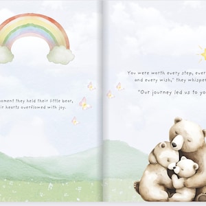 May include: A watercolor illustration of three bears hugging each other. The bears are brown and white. The background is a light blue watercolor wash with a rainbow and stars. The text reads, "You were worth every step, every tear, and every wish," they whispered. "Our journey led us to you."