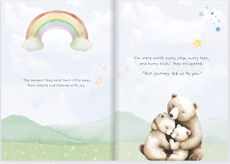 May include: A watercolor illustration of three bears hugging each other. The bears are brown and white. The background is a light blue watercolor wash with a rainbow and stars. The text reads, "You were worth every step, every tear, and every wish," they whispered. "Our journey led us to you."