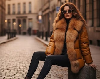 Women's Luxury Brown Leather Puffer Jacket Fox Fur Trimmed Bubble Coat