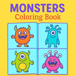 Può includere: Un libro da colorare per bambini intitolato "MONSTERS Coloring Book" con quattro illustrazioni di mostri colorati. I mostri sono arancioni, turchesi, verdi e rosa, ognuno con caratteristiche ed espressioni uniche. Il libro è aperto, con sfondo azzurro chiaro.