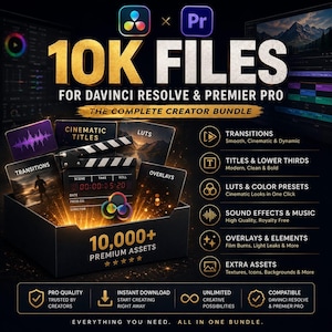 Puede incluir: Un paquete de productos digitales para DaVinci Resolve y Premiere Pro con 10.000 archivos. El gráfico muestra una caja negra con una claqueta de cine y tarjetas etiquetadas como Cinematic Titles, LUTS, Transitions y Overlays en texto dorado.