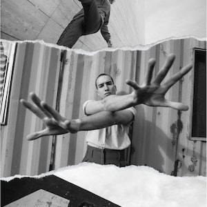 May include: Black and white collage featuring three distinct scenes. The top shows a person in dark clothing, mid-kick. The middle shows a person with outstretched arms. The bottom shows a person wearing sunglasses and a crocheted top, with the word "ARTING" visible.