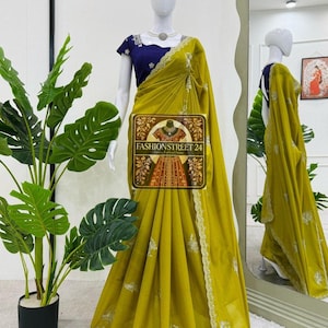 Yellow Color Made Ready to Wear Wrap In A Minute Pleated Saree Paired With Custom Stitch Blouse, Indian Wedding Traditional Saree Blouse Top
