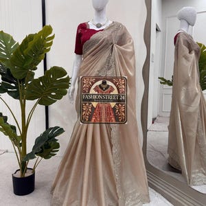 Beige Jimmy chu Thread Sarees For Women Indian Wedding, Bridesmaids Wear Party Wear Readymade Saree Latest Designer Sari Unstitched Blouse