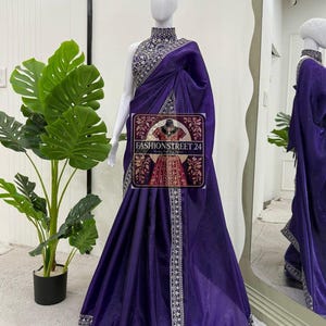 Blue Jimmy chu Thread Sarees For Women Indian Wedding, Bridesmaids Wear Party Wear Readymade Saree Latest Designer Sari Unstitched Blouse