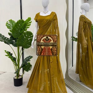 Yellow Bollywood Printed Saree for Women Party wear Sarees for engagement function, Designer Saree for Wedding Function USA, Ship to USA UK