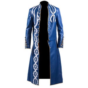 May include: A long blue leather coat with a white design. The coat has a high collar and a button closure.