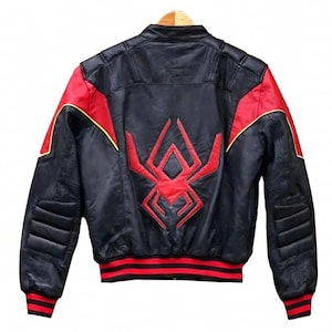 Veste Spider-Man Miles Morales | Blouson motard en cuir noir | Cosplay de vers d'araignée | Vêtements d'extérieur de super-héros | Bandes dessinées