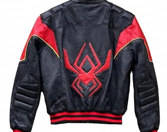 Miles Morales Spider-Man Jacket | Black Leather Biker Jacket | Spider-Verse Cosplay | Superhero Outerwear | Comics