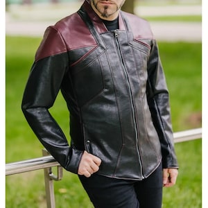 Star Trek Uniform Jacket | Space Exploration Leather Jacket | Sci-Fi Outfit | Trek Cosplay Apparel | Men&#39;s Futuristic Outerwear