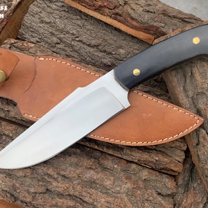 Handmade Hunting Knife | 12” Carbon Steel Skinning Blade | Black Micarta Handle | Leather Sheath | Outdoor & Gift Knife for Him