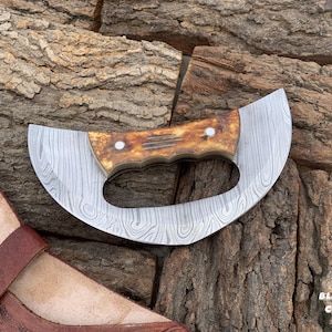Handmade Damascus Ulu Knife: Fire Engraved Bone Handle, Leather Sheath