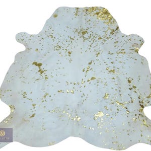 Acid Wash Cowhide Rug: White & Gold Metallic Hair On Hide (64x61 inch)