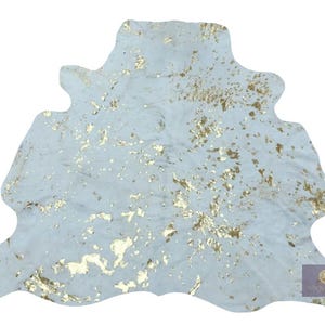 Acid Washed Cowhide Rug: White & Gold Metallic Hair On Hide (53x50 inch)