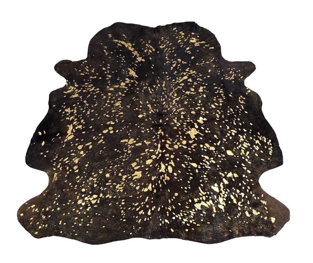 Acid Wash Cowhide Rug: Black & Gold Metallic Hair on Hide (58x59 Inch ...