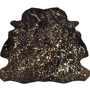 Acid Wash Cowhide Rug: Black & Gold Metallic Hair On Hide (58x59 inch)