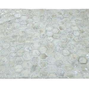 Cream Cowhide Rug: Metallic Silver Hexagon Patchwork, 6&#39;x8&#39;