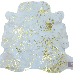 Acid Wash Cowhide Rug: White & Gold Metallic Hair On Hide (54x49 inch)