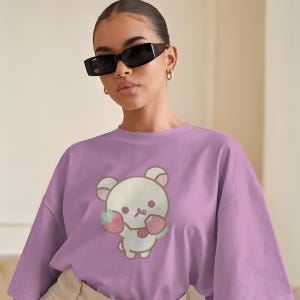 Cutecore Bear Cartoon T-Shirt, Cute Pastel Strawberry Lover Tee, Adorable Animal Graphic Shirt, Sweet Blush Outfit, Playful Bear Top