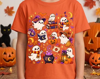 Cute Ghost Kids T-Shirt, Magic Wizard Halloween Printed Graphic Youth Tee