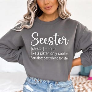 以下が含まれることがあります： 白い筆記体で「Seester」という文字が書かれた濃いグレーのスウェットシャツ。「like a sister, only cooler. See also: best friend for life.」と書かれています。
