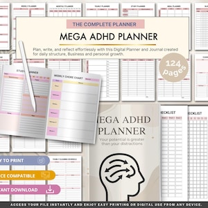 Planificateur TDAH complet, Agenda numérique TDAH, Agenda des fonctions exécutives, Organiseur TDAH, Planificateur de productivité, PDF imprimable