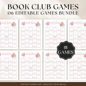 May include: A digital bundle of six printable Book Club Games featuring Book Bingo cards with pink accents, a mug, and a stack of books. The text reads BOOK CLUB GAMES, 06 EDITABLE GAMES BUNDLE, and 01 GAMES on a black badge. The sheets are undated.