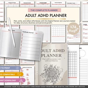 Op de afbeelding: Een digitale planner en dagboek getiteld Adult ADHD Planner met 174 pagina's. De lay-out bevat diverse sjablonen zoals een bucketlist, dankbaarheidsdagboek en trackers met roze accenten. Een witte stylus ligt op een open pagina.