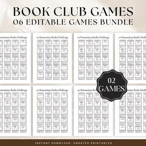 May include: A digital bundle of book club games featuring the text BOOK CLUB GAMES 06 EDITABLE GAMES BUNDLE. The pages contain a 20 Romantasy Books Challenge with grids of book icons, each with space for a title, author, and a five-star rating system.