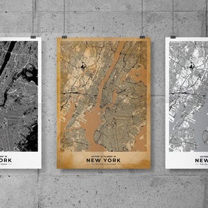 Impresión de mapa de Nueva York, mapa de la ciudad de Nueva York, arte de mapa callejero vintage de Nueva York, póster de mapa de carreteras de Nueva York estilo pergamino, vintage, estándar, negro