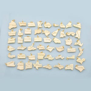 May include: A collection of gold-colored pendants, each shaped like a U.S. state. The pendants are detailed with the state's name engraved on the surface. The pendants are displayed against a light blue background.