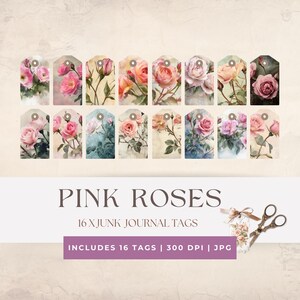 Pink Roses Junk Journal Tags, Shabby Chic Ephemera, Printable Floral Tags, Vintage Craft Supplies for Journaling