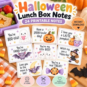 Puede incluir: Un conjunto de 24 notas imprimibles para fiambreras de Halloween con ilustraciones coloridas de fantasmas, calabazas, murciélagos y una bruja. Cada tarjeta rectangular muestra textos festivos como You're BOO-tiful, Have a SPOOK-tacular day y You're a real TREAT, decorados con pequeñas estrellas y corazones.