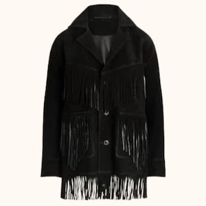 Women&#39;s Black Suede Fringe Jacket – Western Boho Cowgirl Leather Coat – Vintage Rodeo Festival Outfit