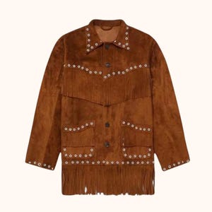 Brown Suede Fringe Jacket – Women&#39;s Western Cowboy Coat – Boho Vintage Leather Jacket – Studded Retro Festival Outfit – Handmade Fashion