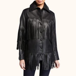 Women&#39;s Black Leather Fringe Jacket – Western Cowgirl Style, Boho Suede Coat, Vintage Rodeo Outfit, Handmade Biker Fringe Jacket